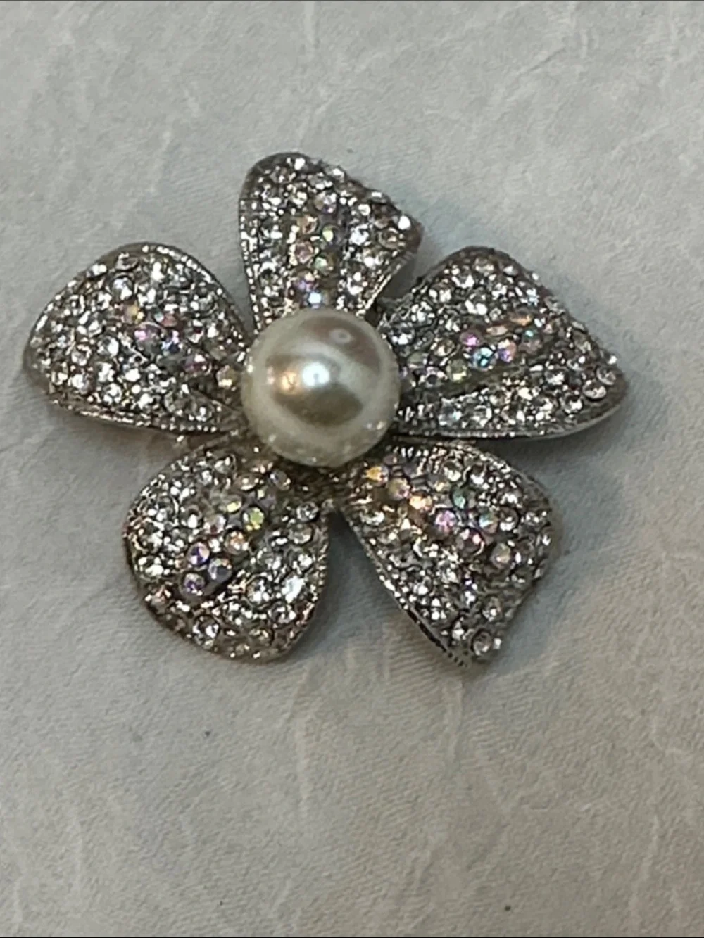 Silver Tone Crystal Flower Brooch with Pearl Center